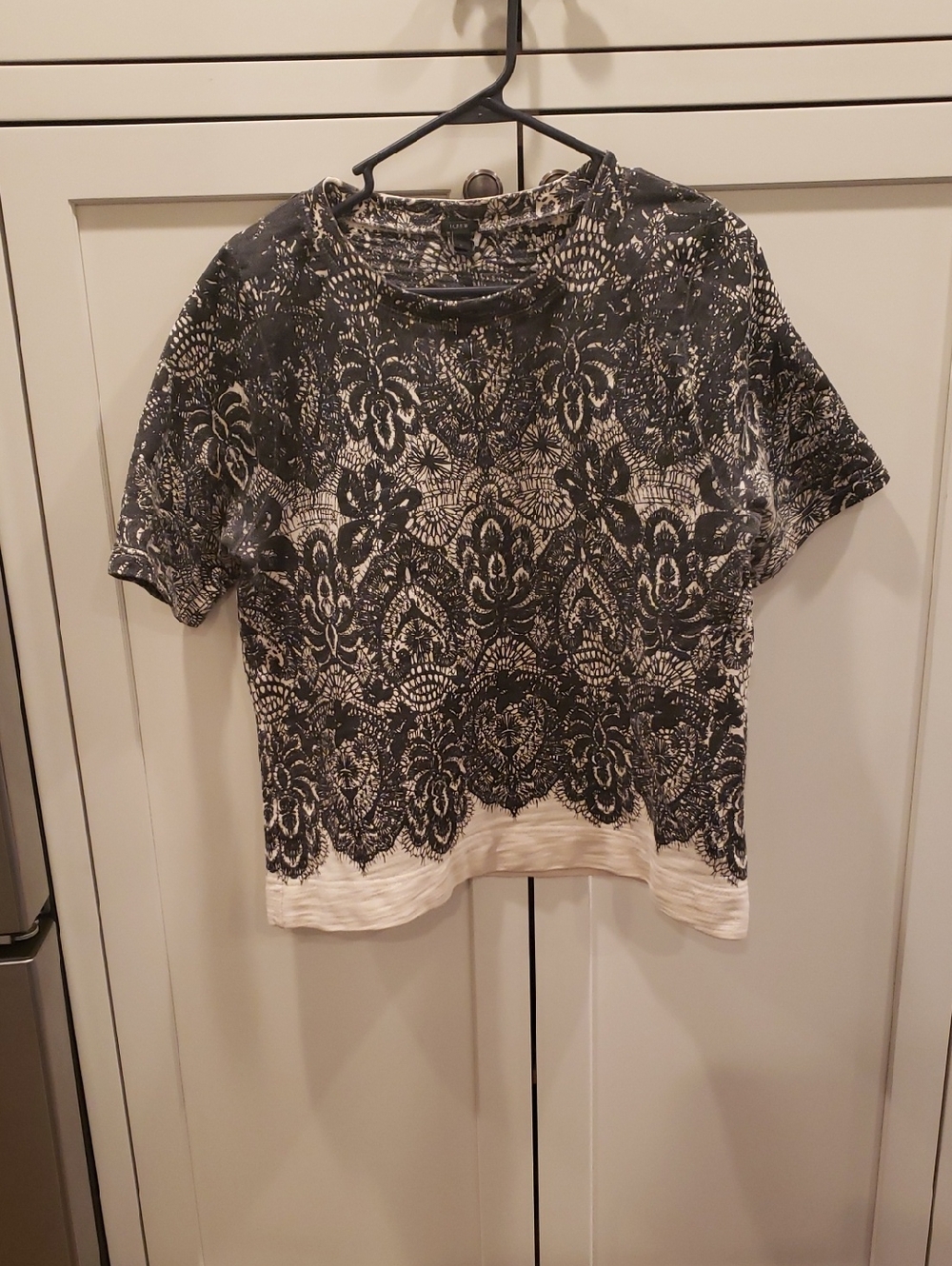 J. Crew Black and Cream Lace-Print Short Sleeve